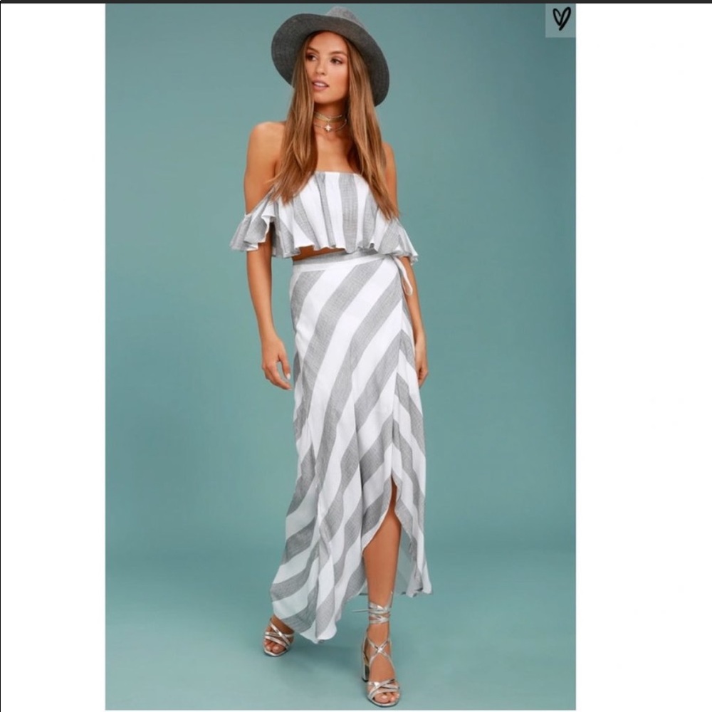 Lulus Grey/White Striped Maxi Tie Skirt